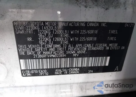 2021 Toyota Rav4 Hybrid Xle Premium from USA, damaged, VIN 2T3B6RFV4MW023894